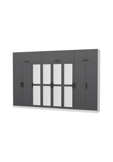 Minar Kale 8 Kapaklı 4 Aynalı 4 Ç Dolap Ve Yüklük Beyaz Antrasit 255cm