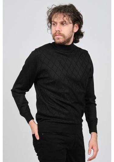 Pave Erkek Yarım Balıkçı Baklava Desenli Yün Kazak 4537220 Siyah Siyah