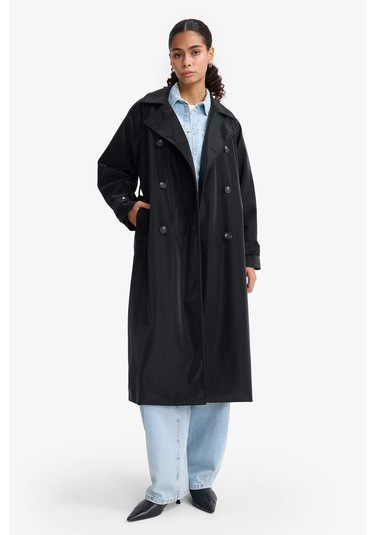 Defacto Regular Fit Suni Deri Kemerli Uzun Trençkot E8580ax25aubk27 Siyah