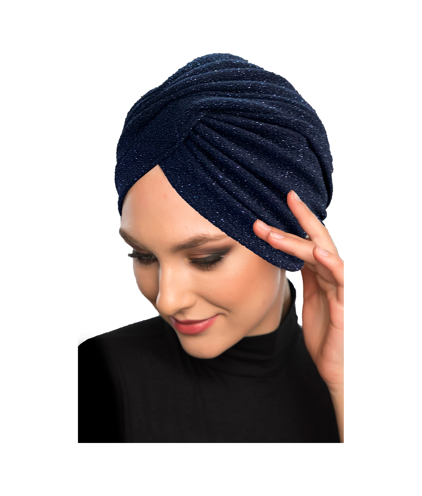 Çapraz Fukuro Simli Astarlı Lacivert Hazır Türban Tesettür Abiye Bone Lacivert