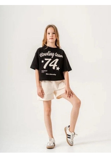 Kız Çocuk Pamuklu 74 Yazılı Şortlu Takım-15886 Siyah