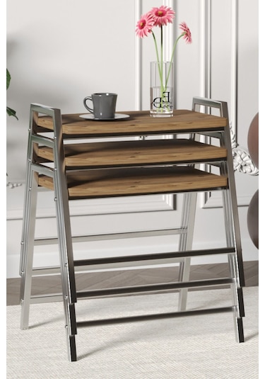 Zigon Sehpa , Aden 3'lü Tepsi Zigon Sehpa Takımı Gümüş Metal - Atlantik Çam Tabla Gümüş-atlantik Çam