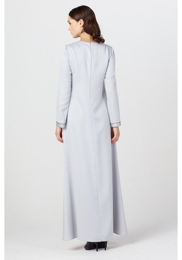 Gri - Önü Desenli Abiye Elbise Gri