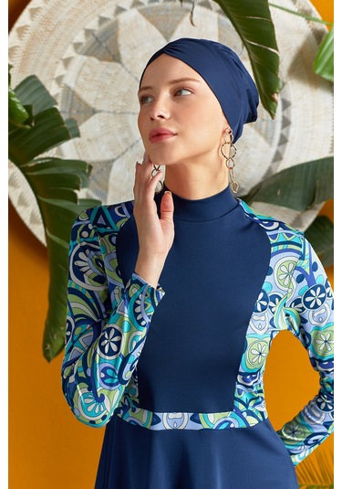 Likralı Tam Kapalı Tesettür Mayo Desen Detaylı 3118 Koyu Lacivert Koyu Lacivert