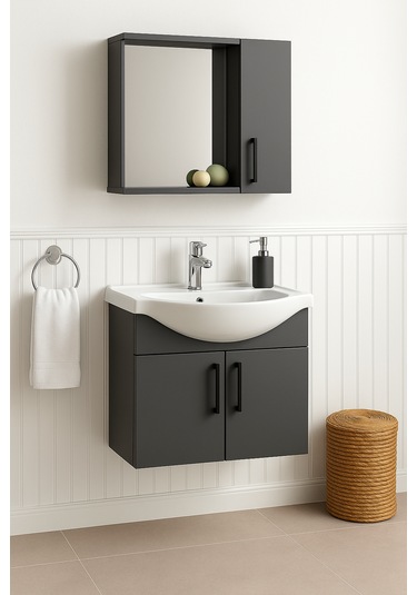 Lacrime 65 Cm Antrasit Renkli Mdf, Oval Seramik Lavabolu, Alt Ve Antrasit