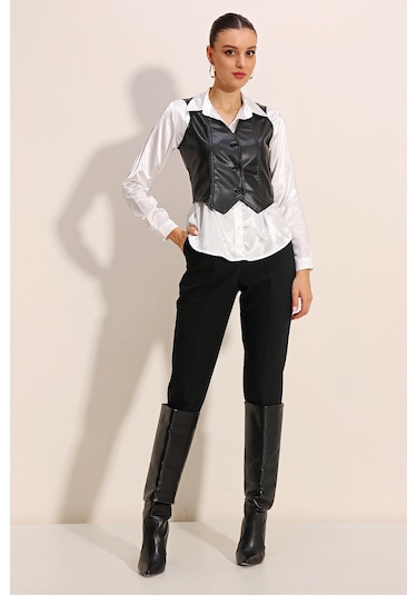 6790 Suni Deri Yelek - Siyah Siyah