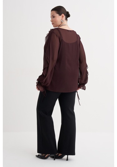 Fırfır Detaylı Şifon Bluz-6219 Bordo