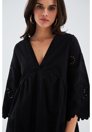Peraluna Hiromi Dress %100 Pamuk 3/4 Kol Diz Hizası Yazlık Kadın Siyah