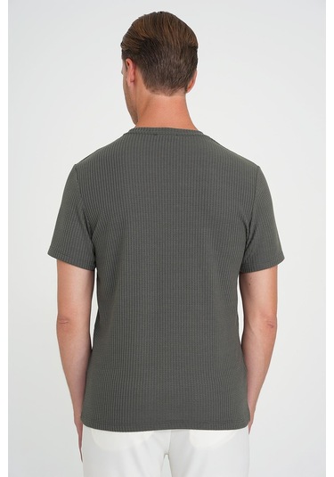 Comfort Fit Bisiklet Yaka Fitilli Kısa Kol Haki Tişört Ts 912 Haki