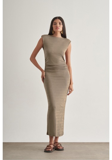 Mizalle Yan Büzgü Detaylı Vatkalı Uzun Kolsuz Vizon Bodycon Elbise Vizon