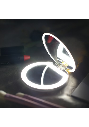 Vkemall Kozmetik Mini Taşınabilir Cep Led Makyaj Aynası Işıklı Şarj Edilebilir El Kompak