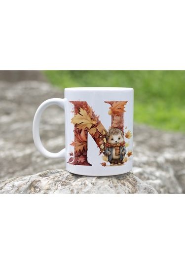 N Harf Sonbahar Yaprak Temalı Kupa Bardak - Sevimli Figürler İle Alfabe Harfli Bardak - Kişiye Özel Beyaz