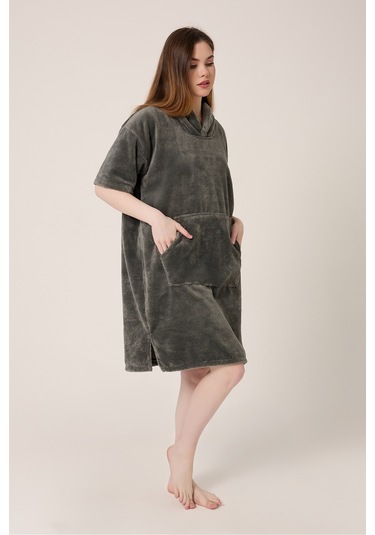 Palmiye Sörf Nakışlı Yetişkin Sörf Yazlık Panço Kapüşonlu Plaj Havlusu Antrasit Antrasit