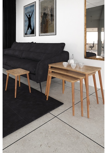 Selena 4lü Zigon Sehpa Ahşap Ayaklı Salon Seti Çay Sehpası Çam