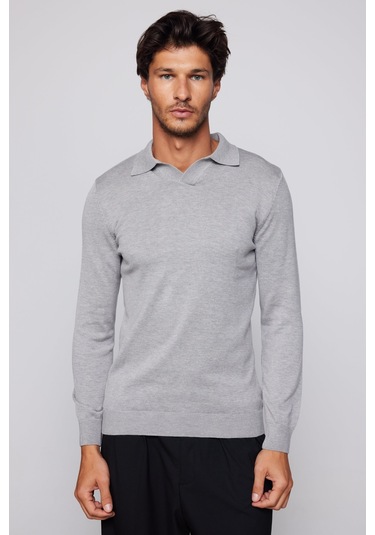 Tudors Erkek Slim Fit Dar Kesim Polo V Yaka Gri Kazak-28979-gri Gri