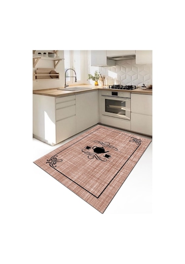 Gri Ve Somon, Kupa, Kaymaz Dökülmez Deri Taban Mutfak Halısı