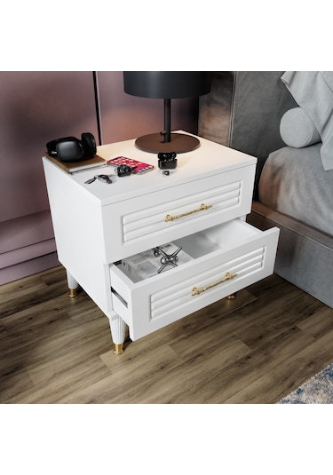 Panjurlu 2 Çekmeceli Komodin Pnj5002 Beyaz Gold