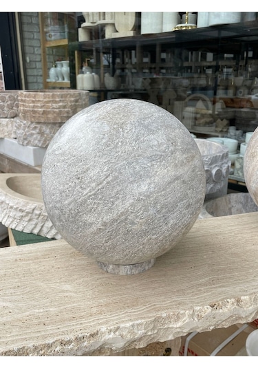 Silver Traverten Doğal Taş Küre 30cm Çapında Tam Küre Beyaz