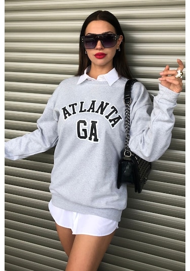 Modagen Gri Kadın Atlanta Baskılı Bisiklet Yaka Oversize Sweatshirt Gri
