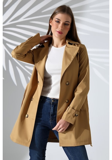 Kadın Degaje Kuşaklı Yarım Boy Astarlı Uzun Kollu Döğmeli Trençkot Camel CAMEL