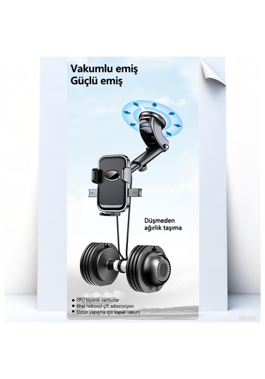 Klasik Emici Askılı Araç Telefon Tutucusu 25cm Uzayan 60x Nano Emiş 360 Dönebilen 5.8-9cm Genişlik 15.5x7.3x11.3cm