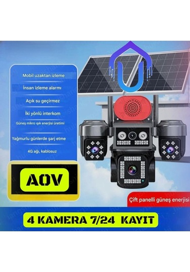4 Kameralı Çift Panelli 4g Solar Kamera Aov Teknolojisi 7/24 Kayıt-119098