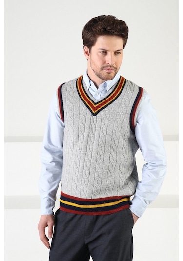 Ferraro Gri Örgü Desenli V Yaka %100 Kuzu Yünü Erkek Süveter