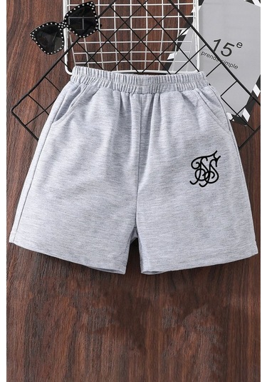 Tasarım Baskılı Pamuk Penye Short Gri