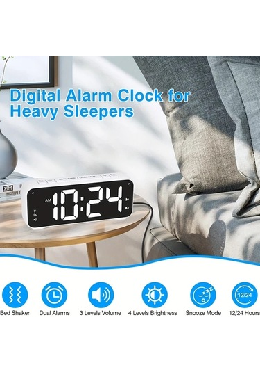 Oldfriend Beyaz Kabuk Beyaz Rakam Titreşimli Çalar Saat, 6,5" Led Ekran, 4 Parlaklık Seviyesi Beyaz Kabuk Beyaz Karakterler