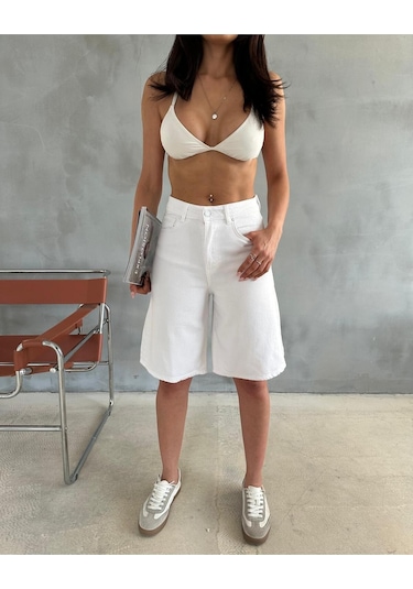 White Denim Bermuda Şort Beyaz