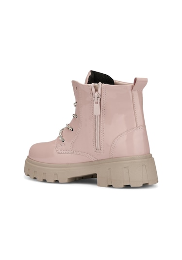 Günlük Çocuk Bot Rugan Çiçekli Taşlı Bağcıklı Fermuarlı Rugan Kalın Tıtrıklı Taban Bootie 600 Pudra - Rugan Pudra