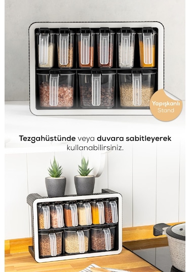Vienev 9lu Standlı Kendinden Yapışkanlı Kaşıklı Baharatlık Seti Antrasit