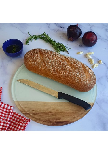 Kanallı Cam Kesme Tablası | Kenarı Ahşap Desenli | Çap32cm