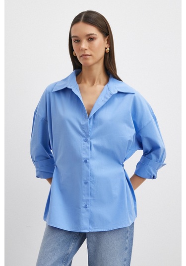 Düğme Detaylı Pamuklu Gömlek Mavi Mavi