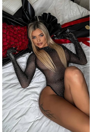 Bikini Mayokini Dünyası Taşlı File Eldivenli Body - Siyah Siyah