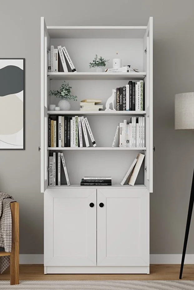 Lisa 4 Kapaklı Beyaz Vitrin - Kitaplık Ve Çok Amaçlı Dolap Beyaz