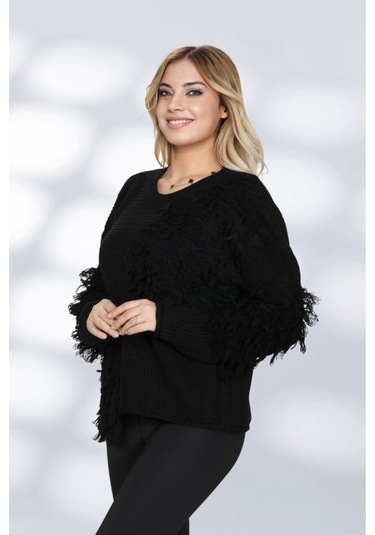 Newco Kadın Patchwork Tasarımlı Dokulu Triko Kazak - Oversize Ve Rahat Formlu - Siyah Siyah