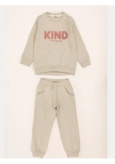 Kız Çocuk Kind İşlemeli Eşofman Takım-14389 Bej