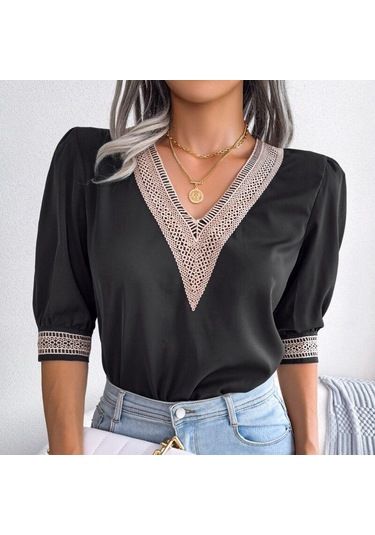 2023 Yaz Gevşek V Yaka Gömlek Bahar Kadın Zarif Dantel Şifon Yarım Kollu Bluz Casual Kazak Blusas Para Mujer Tops 25127 Siyah 2023 Yaz Gevşek V Yaka Gömlek Bahar Kadın Zarif Dantel Şifon Yarım Kollu Bluz Casual Kazak Blusas Para Mujer Tops 25127 Siyah