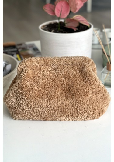 El Yapımı Taba Rengi Teddy Yün Örgü El Çantası Taba