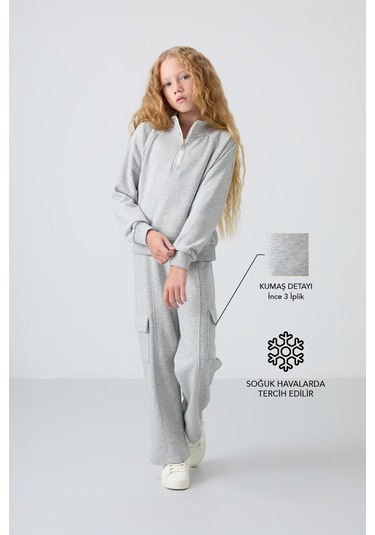 Tommy Life Gri Melanj Pamuklu İçi Tüylü Yumuşak Dokulu Standart Fit Nakışlı Kız Çocuk Eşofman Takım - 75159 Gri Melanj