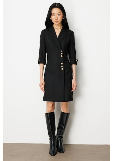 Kruvaze Yaka Düğmeli Elbise Ekol Siyah