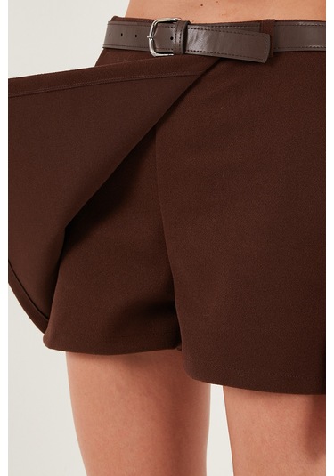 Lela Pamuk Karışımlı Relaxed Fit Yüksek Bel Mini Boy Bayan Şort Etek 611Sr0037 Kahve