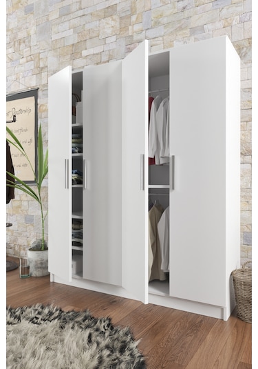 Ae-1059 Milano Beyaz 4 Kapaklı Gardırop 11 Raflı 2 Askılıklı Beya