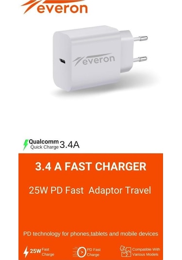 Samsung Galaxy S23 Fe İle Uyumlu 25w Qc 3.4a Type C Şarj Adaptörü Evr-003 Beyaz