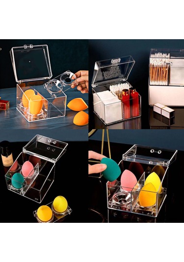 Fosenze Açık Kapaklı Transparan Akrilik Organizer - Koton Tüp, Makyaj Sponsu, Kosmetik Malzemeleri İçin Bölümlü Depolama Kutusu Diğer