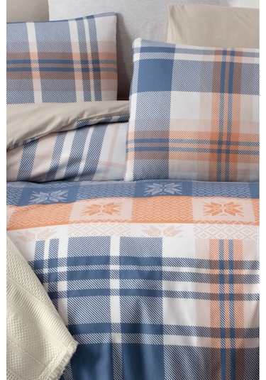 Lastikli Çarşaflı Çift Kişilik Nevresim Takımı Plaid Lacivert