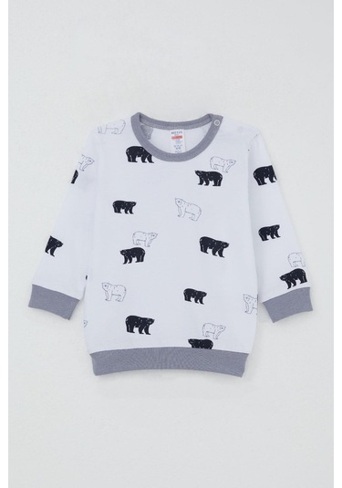 Breeze Erkek Bebek Eşofman Takım Omuzdan Patlı Sevimli Kutup Ayıcığı Desenli 4 Ay-1 Yaş, Beyaz Beyaz