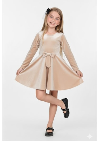Kız Çocuk Kadife Elbise-içi Tüllü Ve Fiyonk Süslemeli 7-12 Yaş 12427 KREM
