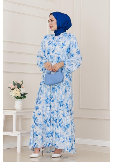 Kuşaklı Çiçekli Lina Elbise-mavi-5260 Mavi